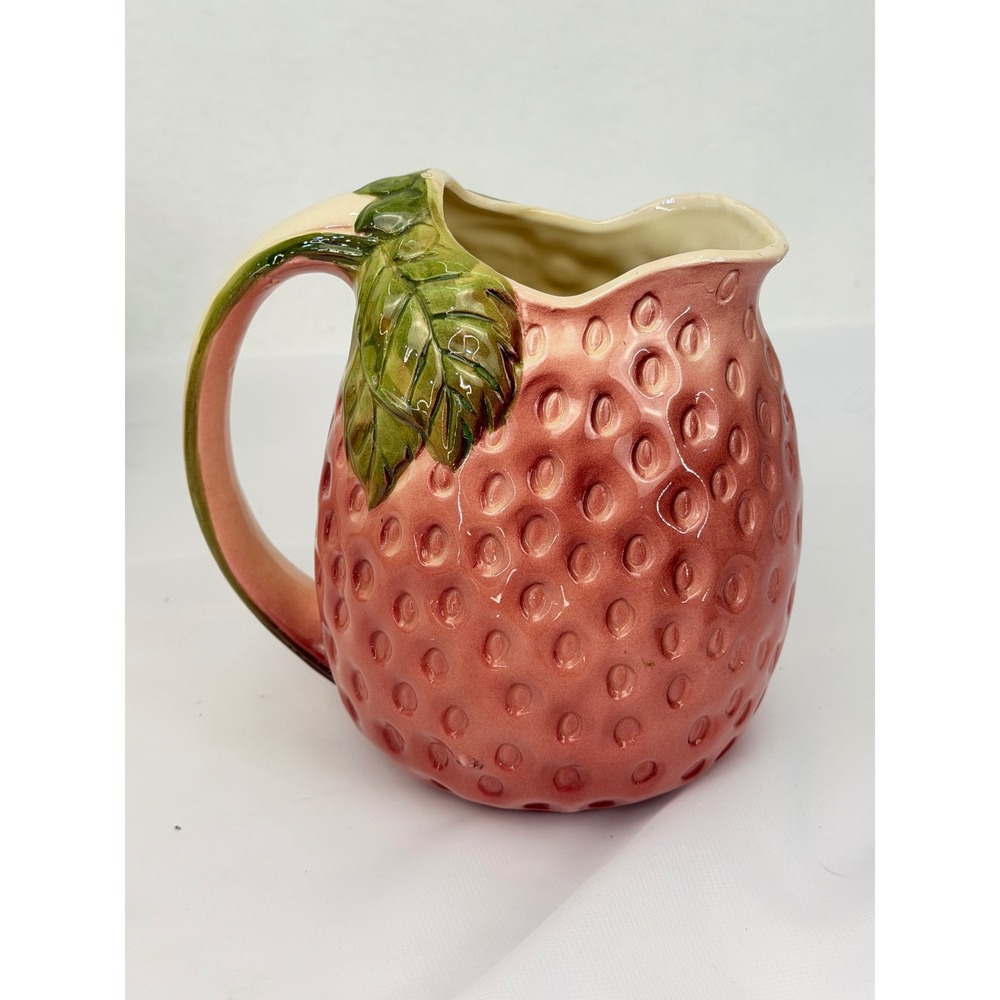 Vintage Ceramic Strawberry Pitcher Pink Red Textured Fruit Cottagecore Juice Jug